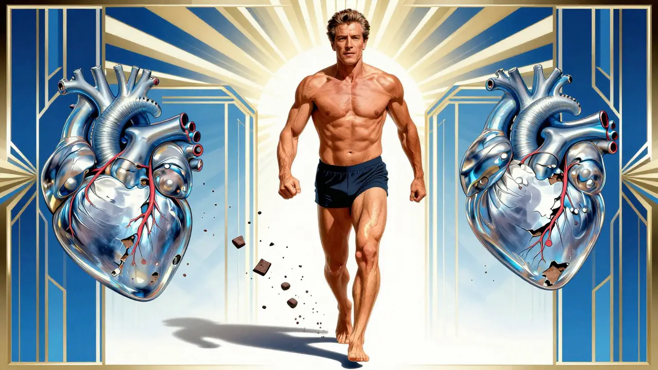 A man walking powerfully as plaque crumbles from his arteries, rendered in sleek Art Deco chrome and cobalt style.