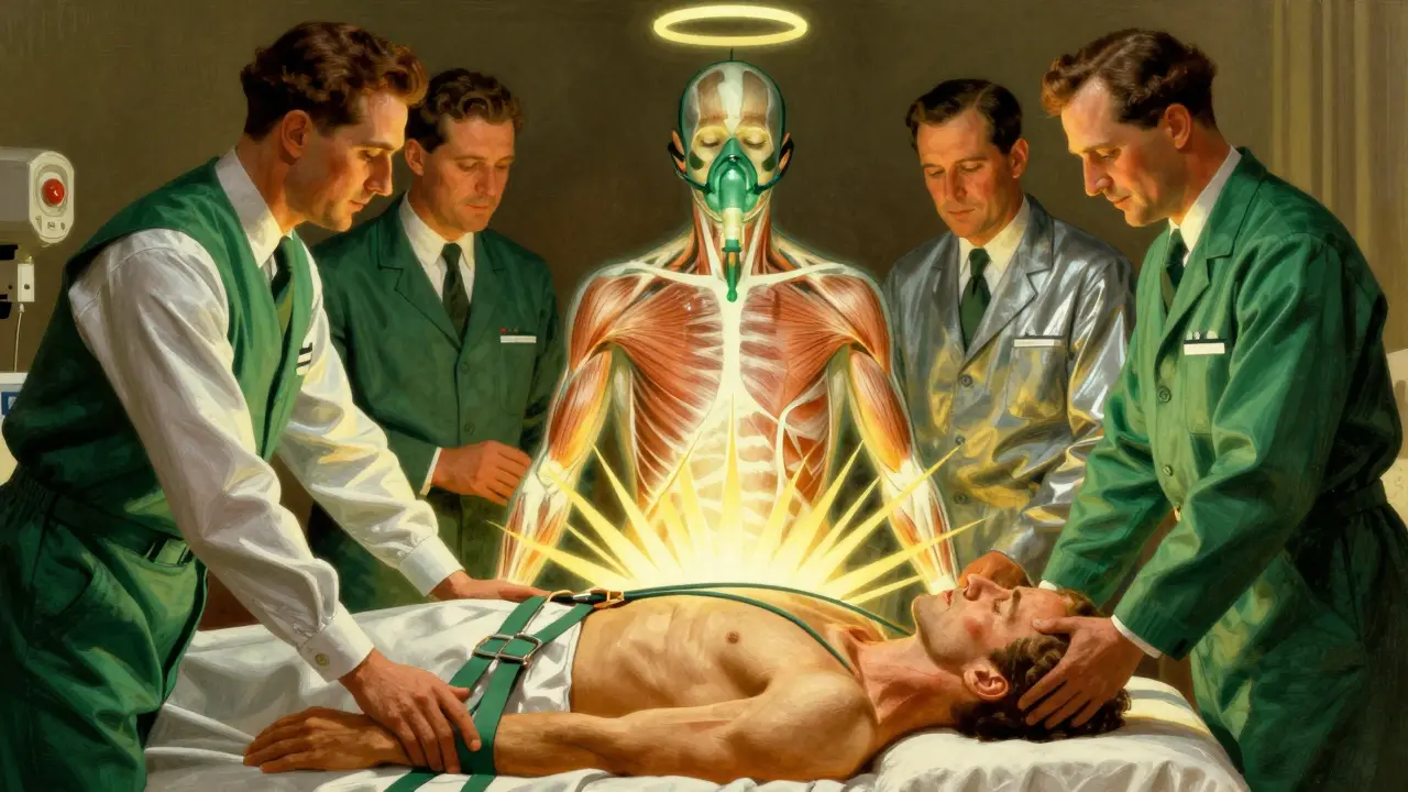 A medical team guiding a COPD patient through resistance training, with a glowing CT scan and oxygen mask in background.