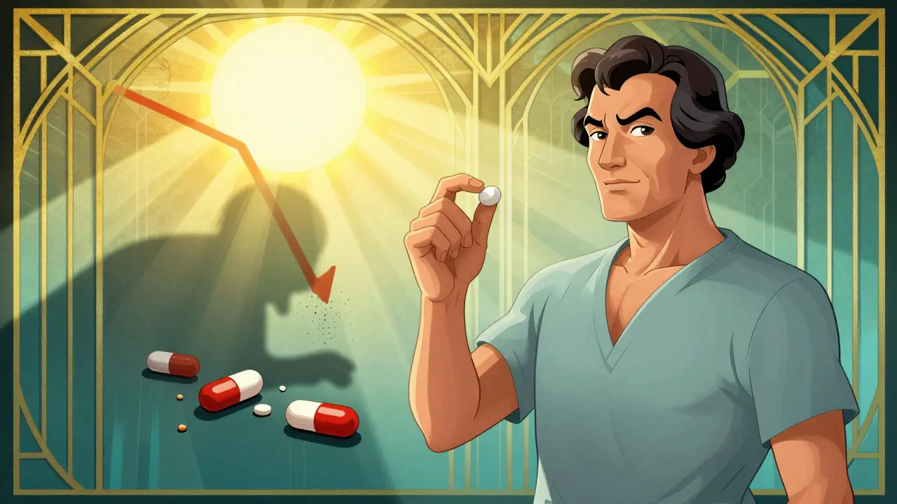 A patient holding one pill as three separate pills crumble away, with a falling blood pressure graph in the background.