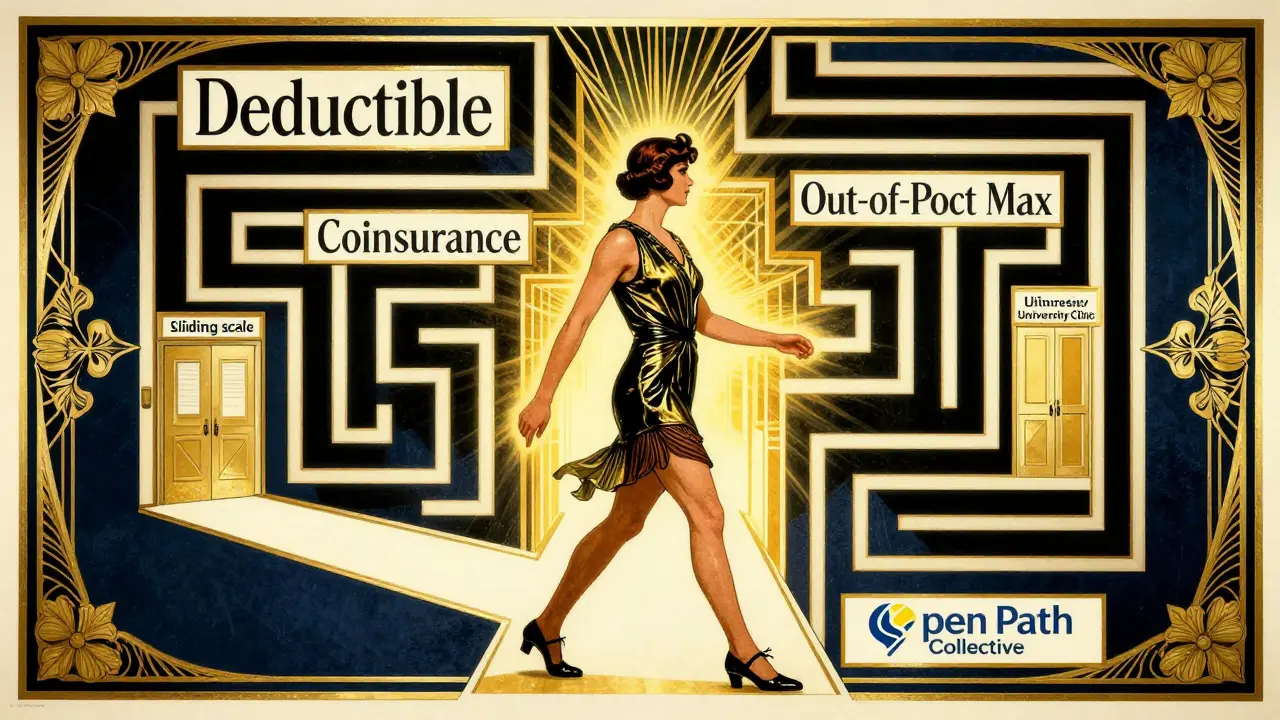 A person walking through a labyrinth of insurance terms toward affordable therapy options, glowing path in Art Deco style.