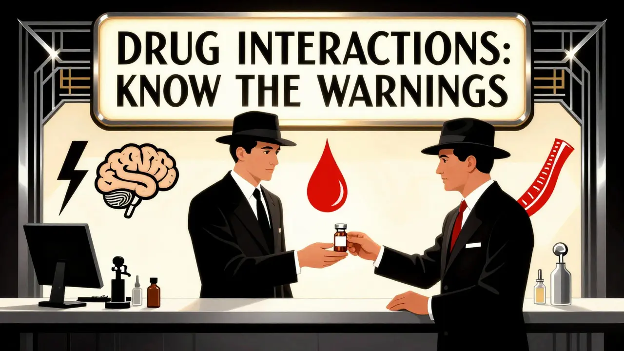 A stylish pharmacist hands a patient a prescription as a glowing sign warns about dangerous drug interactions.