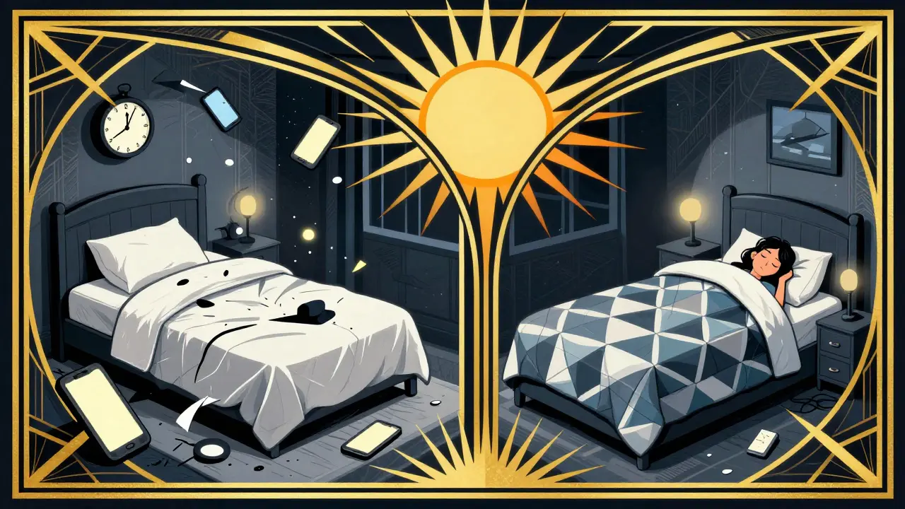 Contrasting chaotic and calm bedrooms showing the transformation from insomnia to restful sleep through sleep restriction.