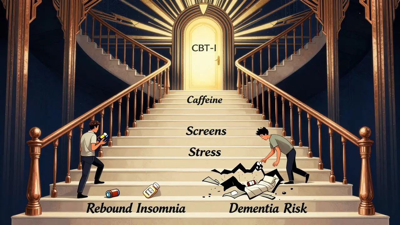Elegant staircase to CBT-I door, with pill users falling on broken steps marked with sleep risks.