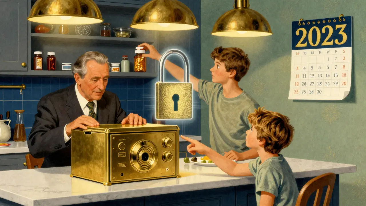Family at dinner, grandfather using fingerprint lockbox as teen reaches for pills.