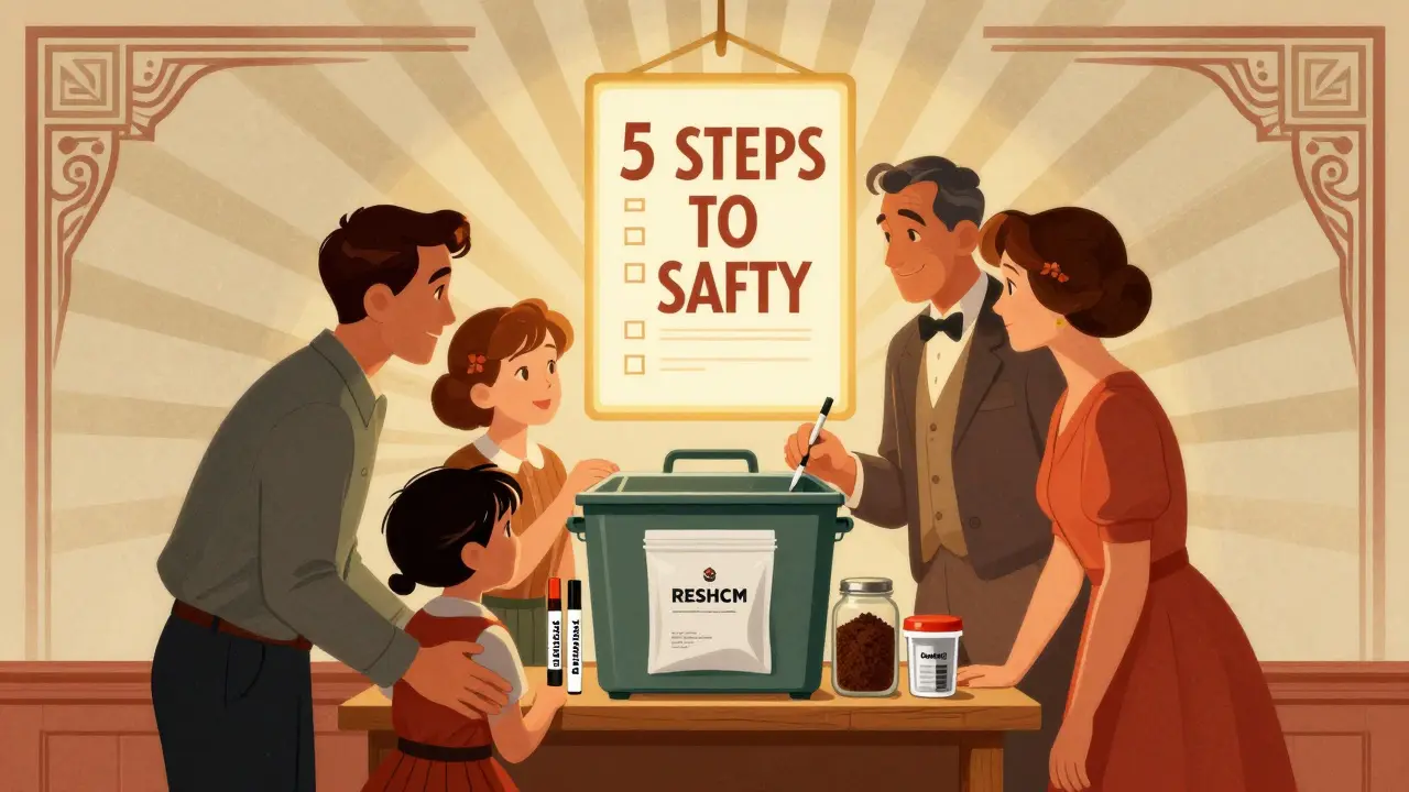 Family with home medication disposal kit, Art Deco advertising aesthetic.