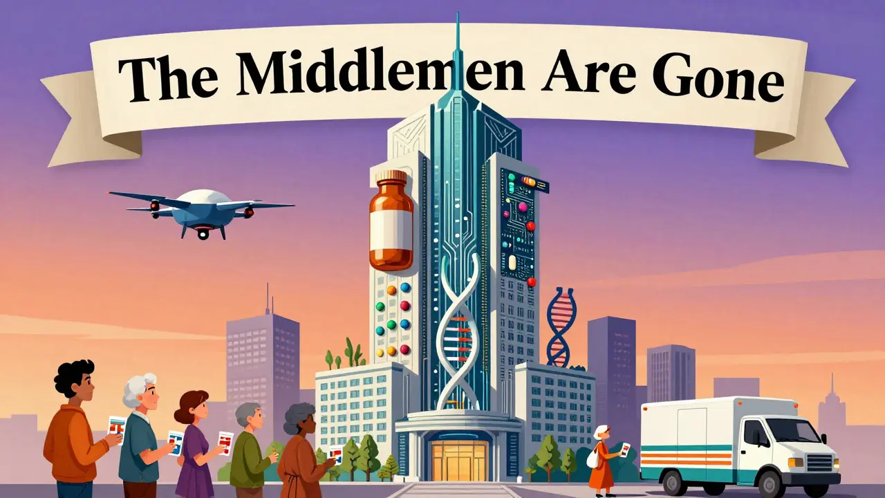Futuristic pharmacy skyscraper with pill bottles and delivery drones, patients receiving meds as middlemen vanish.