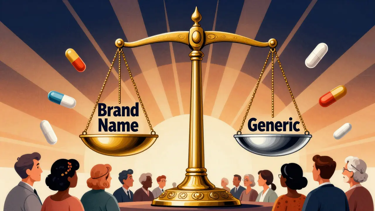Giant balance scale weighing brand vs. generic pills, with patient figures below and Art Deco sunburst background.