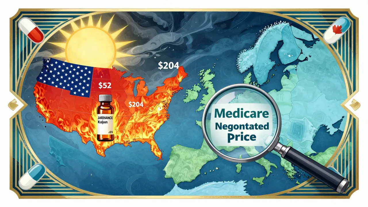 Global map in Art Deco style comparing drug prices: Japan low, U.S. high, Europe moderate, with Jardiance prices highlighted.