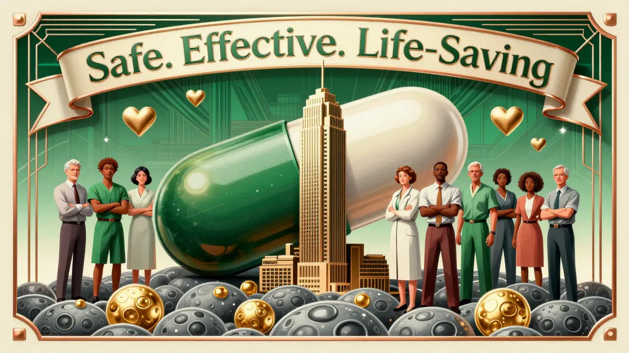 Group of diverse patients beneath a skyscraper-shaped statin pill, with golden liver cells and floating heart icons.