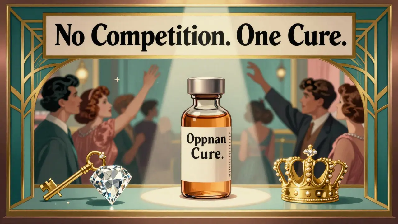 Luxury drugstore display with a single vial under spotlight, surrounded by gold and diamond icons.