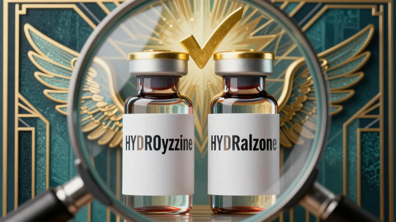 Magnified medication labels with Tall Man Lettering and golden checkmark