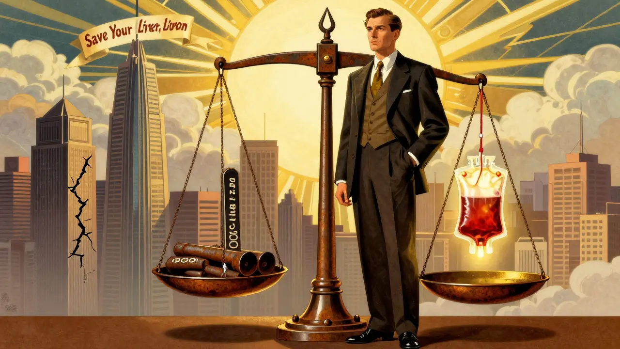 Man standing beside a scale balancing iron bars against a blood bag, liver skyscrapers in background.