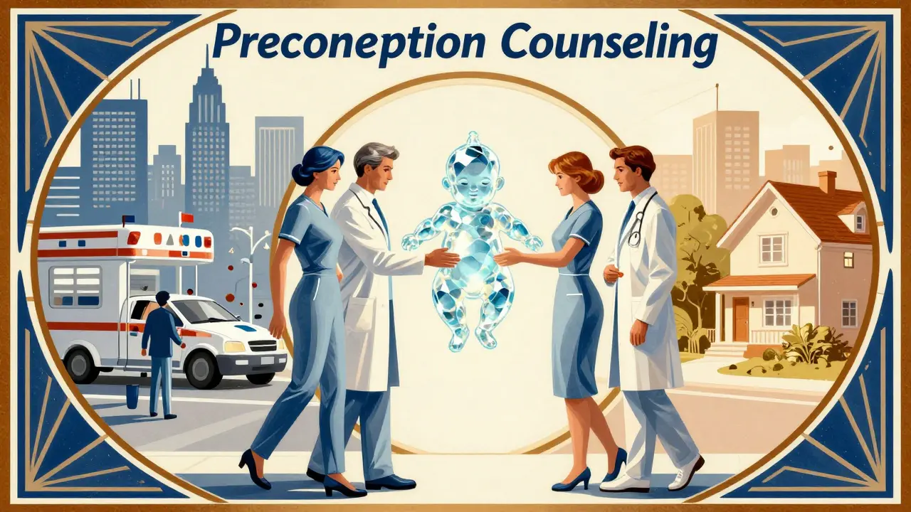 Medical team passing a glowing baby through a portal labeled 'Preconception Counseling,' with calm and chaotic cityscapes behind them.