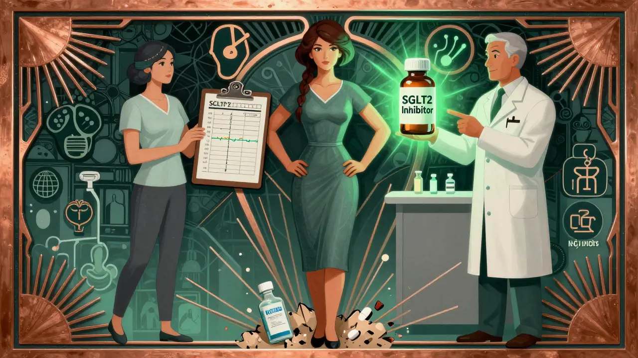 Patient and pharmacist standing together with safe SGLT2 inhibitor bottle glowing, while risky drugs crumble.