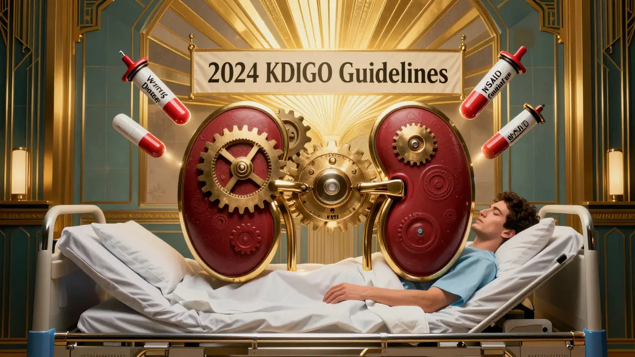 Patient asleep under a shield of kidney-shaped gears blocking dangerous medication projectiles.