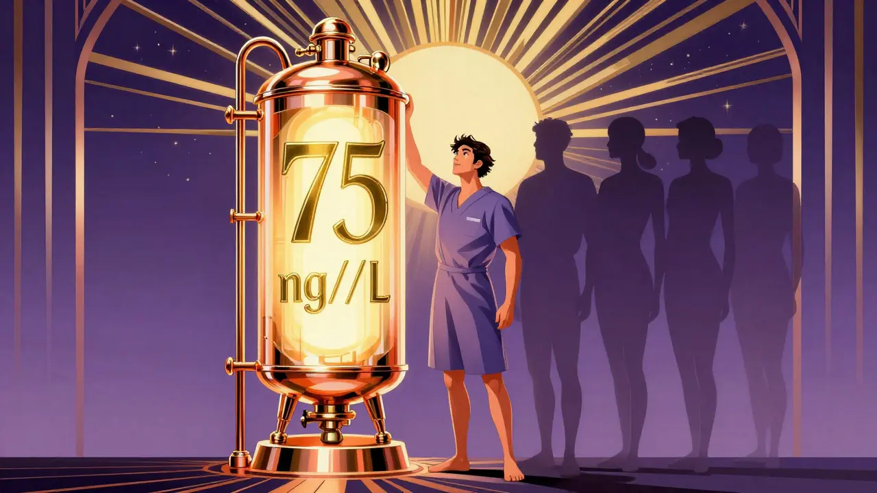 Patient beside a glowing ferritin monument as restless legs fade, Art Deco triumph scene.