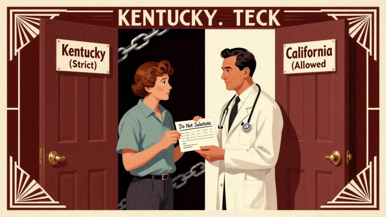 Patient between two state doors labeled 'Kentucky' and 'California', with a prescription note and vintage poster styling.