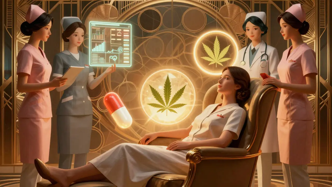 Patient relaxed with pain relief symbols and care team monitoring symptoms in Art Deco style.