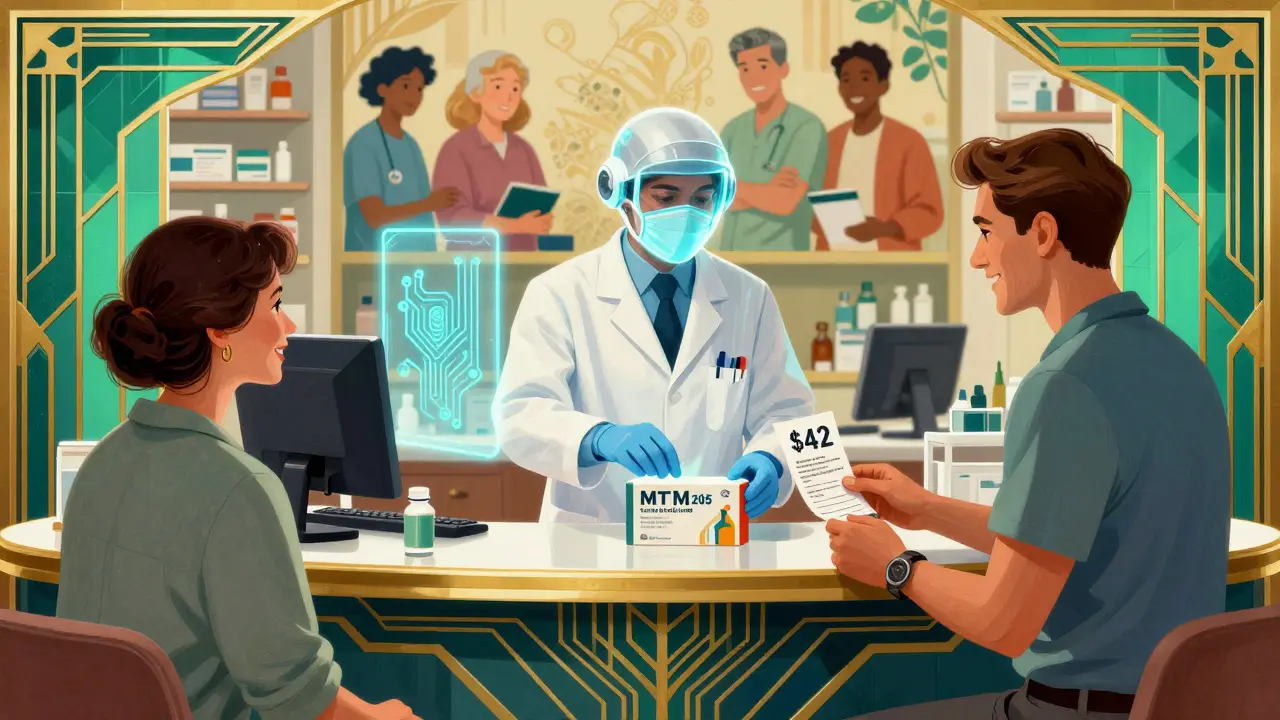 Pharmacist giving medication to a patient with AI assistant and savings receipt in Art Deco style.