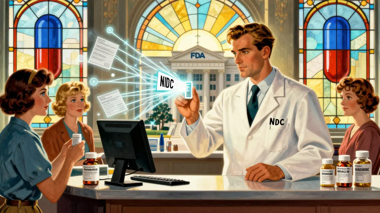 Pharmacist scanning barcode that connects patient reports to FDA in glowing Art Deco network