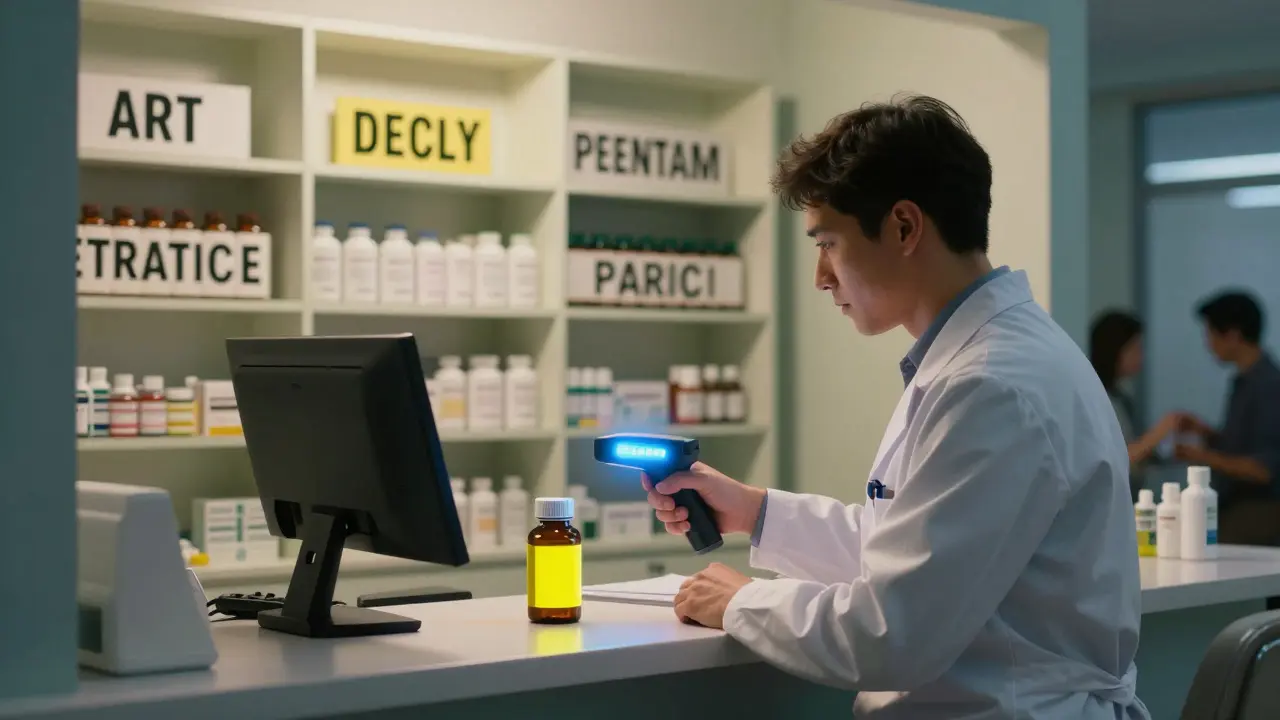 Pharmacist scanning barcode with yellow alert label under Art Deco lighting