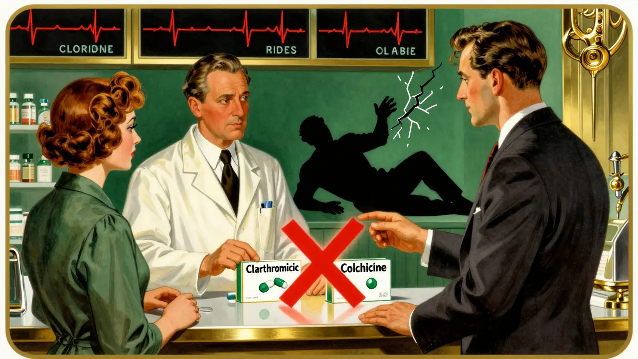 Pharmacist stopping a customer from combining clarithromycin and colchicine at a counter.