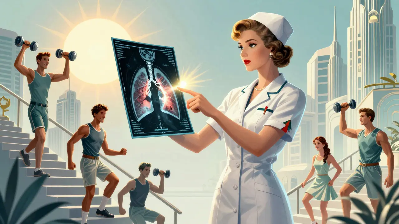 Physiotherapist holding a glowing MRI map guiding patients toward lung recovery under a rising sun.
