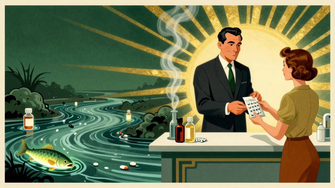 Split image: polluted river vs. clean pharmacy disposal, Art Deco poster style.