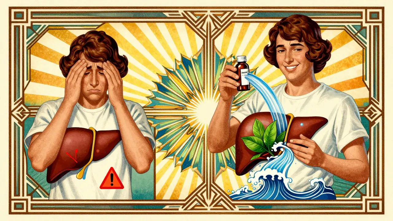 Split-panel Art Deco image showing a patient’s liver transforming from warning signs to vibrant health with statin therapy.