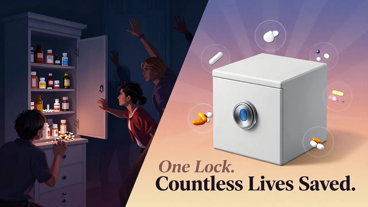 Split poster: chaotic medicine cabinet vs. secure lockbox with drug icons and slogan.