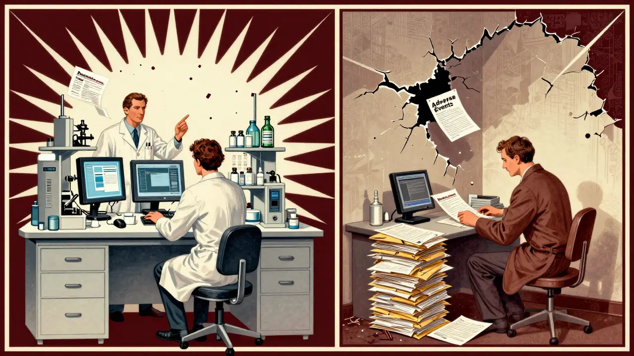 Split scene: brand-name lab thriving vs. generic office overwhelmed by unprocessed reports
