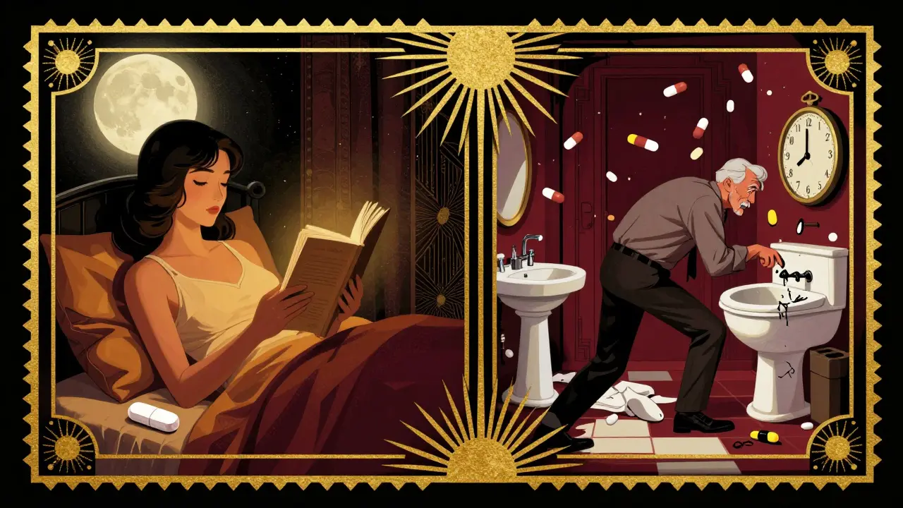 Split scene: calm woman with small melatonin pill vs. elderly man stumbling in chaotic bedroom at 3am.