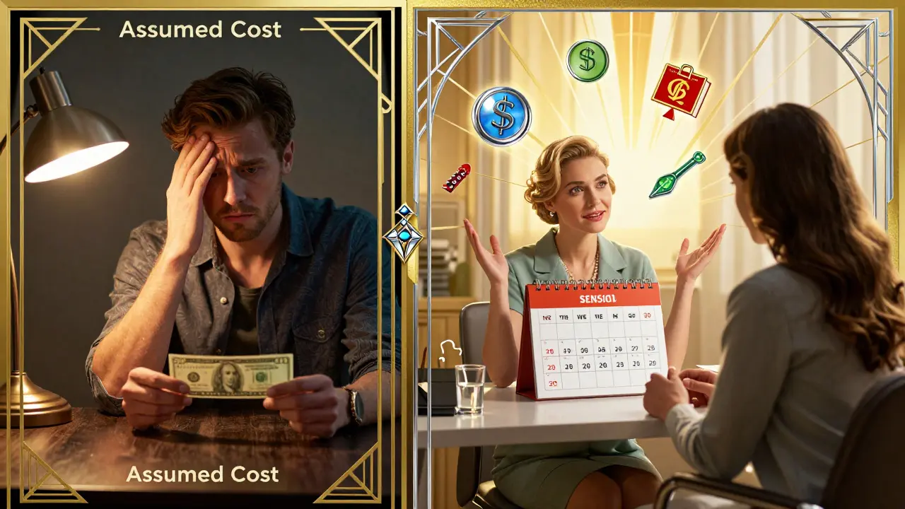 Split scene: confused patient with  bill vs. illuminated financial clarity with therapy session calendar and insurance terms.