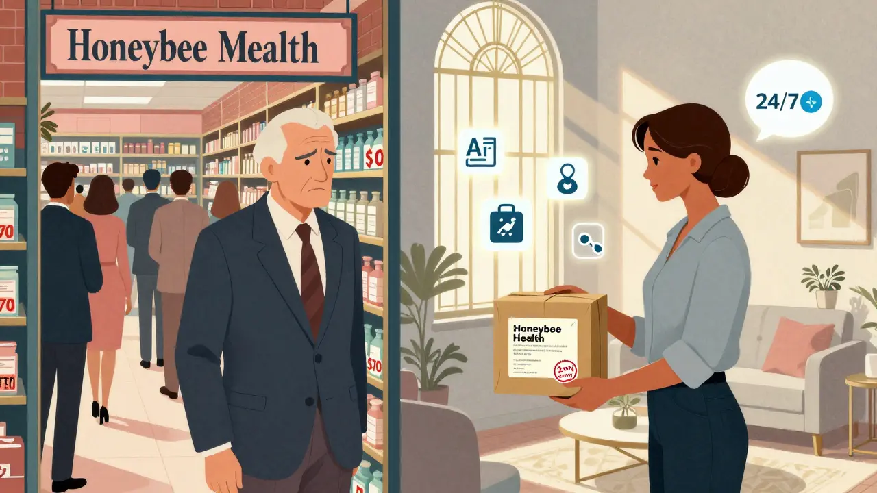 Split scene: frustrated patient in traditional pharmacy vs. calm delivery of generic meds at home in Art Deco style.