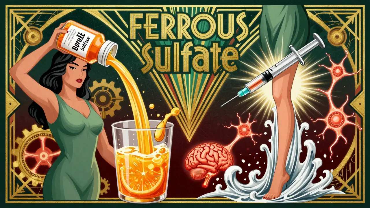 Split scene: oral iron with orange juice and IV iron flowing into legs, Art Deco medical imagery.