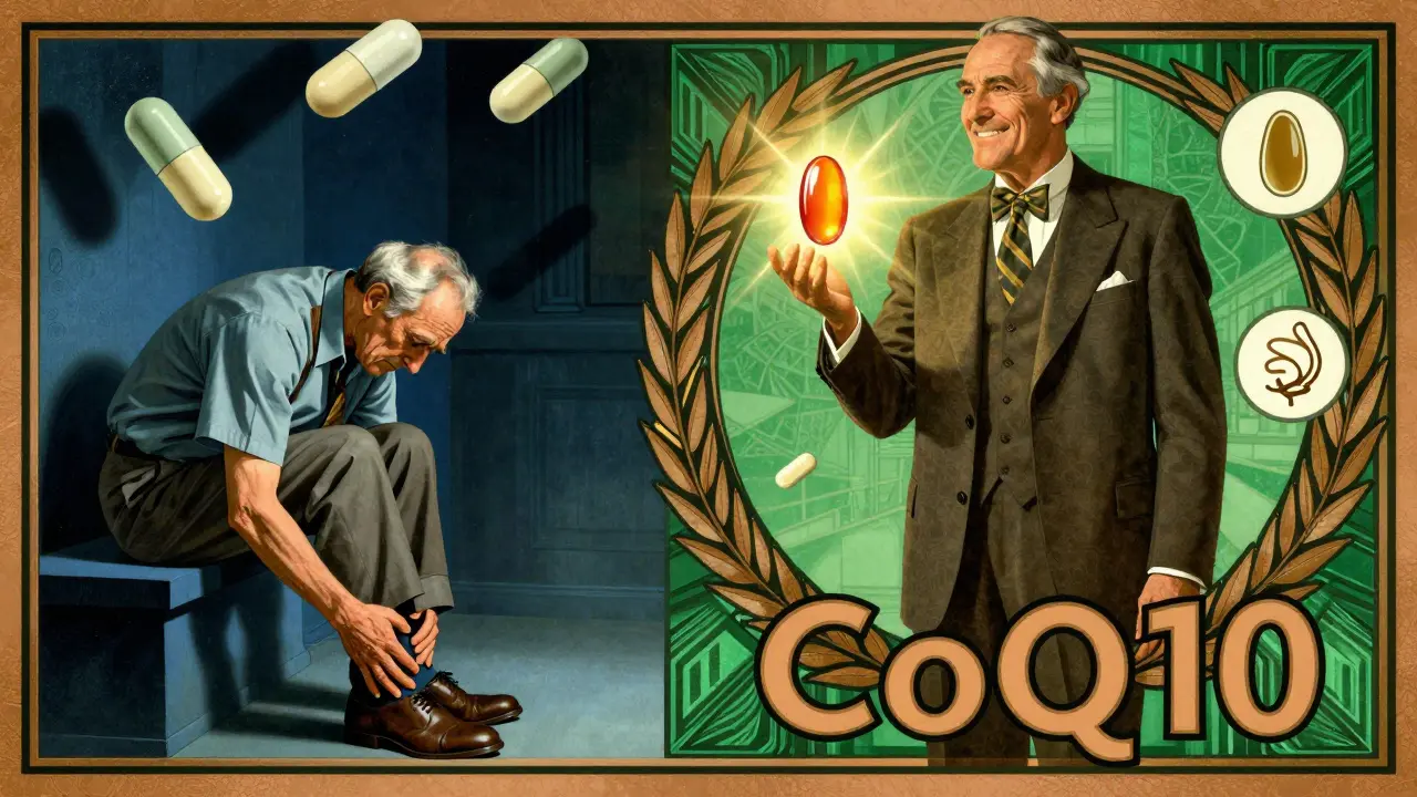 Split scene: weary man with muscle pain vs. healthy man with statin and CoQ10 symbols in Art Deco design.