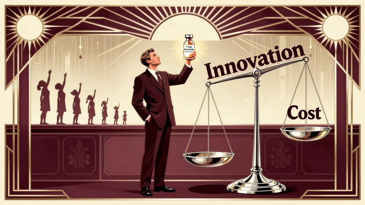 Stylized lab scene with scientist holding a vial labeled '7-Year Exclusivity' as patients reach upward in hope.