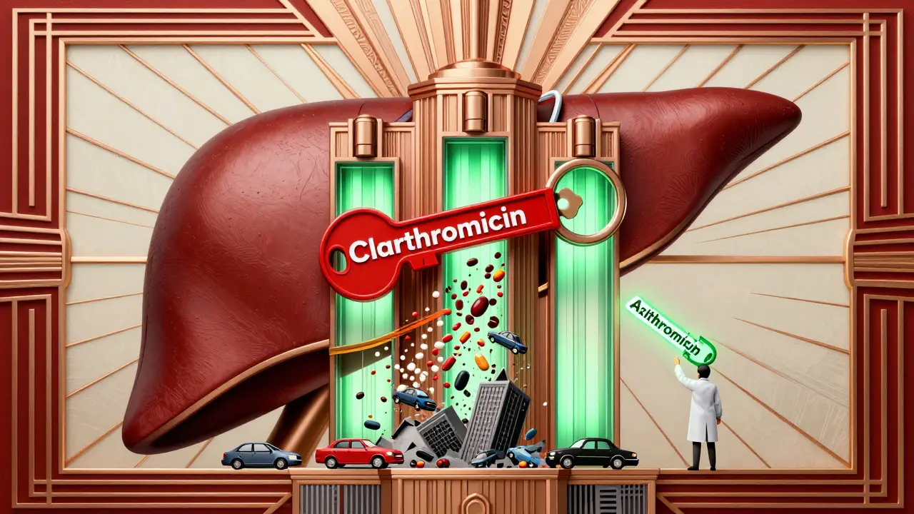 Stylized liver building with blocked enzyme shafts causing drug overflow and collapse.