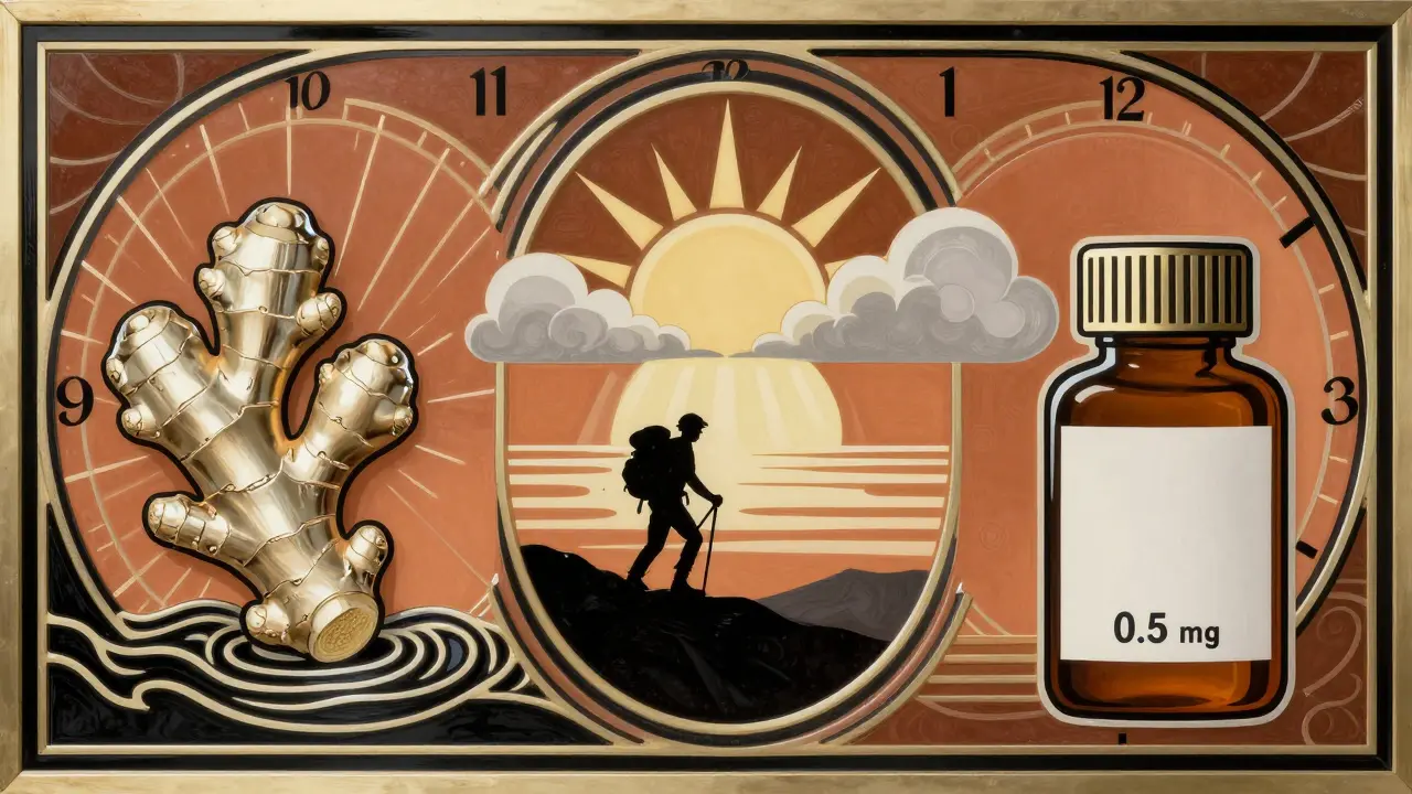Symbolic Art Deco mural showing ginger, sunlight, and a low-dose pill as natural remedies for travel discomfort.