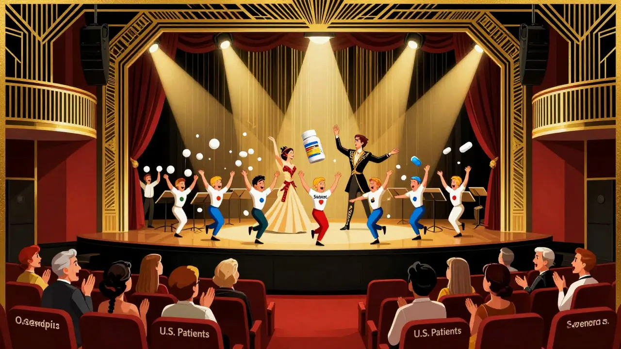 Theater scene with brand-name drugs as opera stars and generics as dancers, symbolizing U.S. drug pricing disparity.