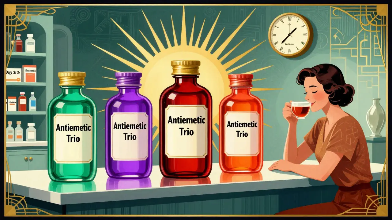 Three colorful antiemetic bottles on a counter with patient enjoying tea, no nausea.