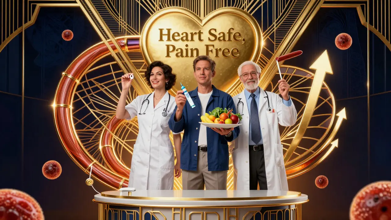 Three diverse patients hold health solutions on a podium, with heart shield and geometric medical icons in Art Deco style.