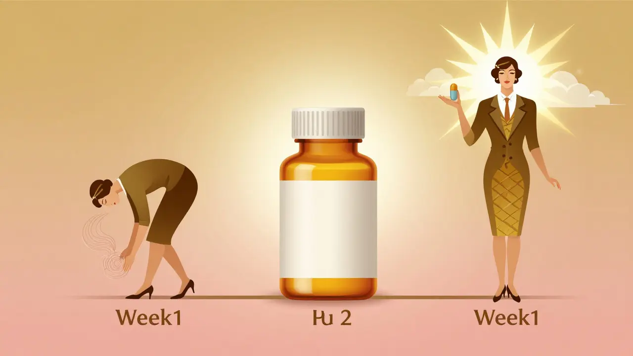 Three-stage timeline of vilazodone adjustment, showing progress from discomfort to wellness in Art Deco style.