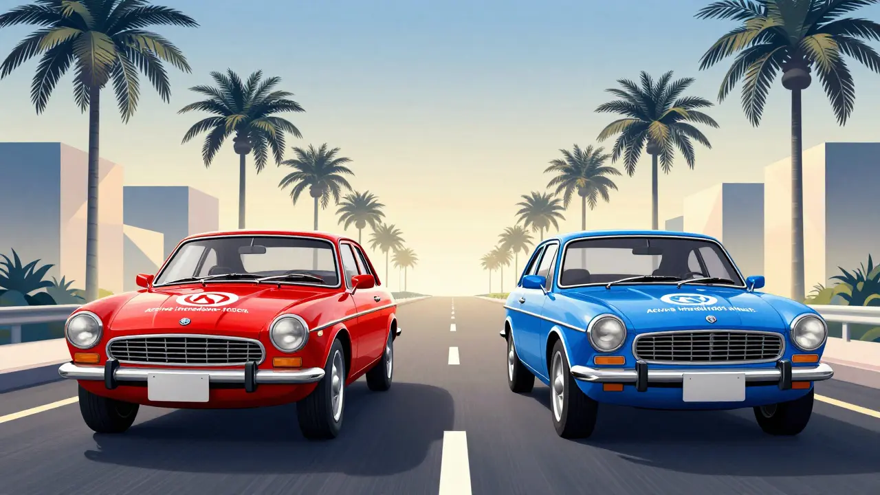 Two identical cars with different colors symbolizing brand and generic medications.