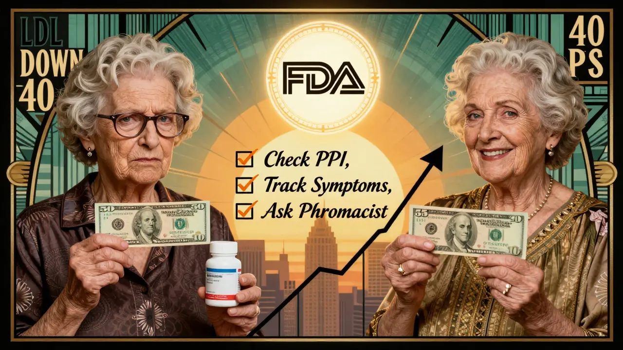 Woman comparing high cost of brand drug to low cost of generic with improved health results.