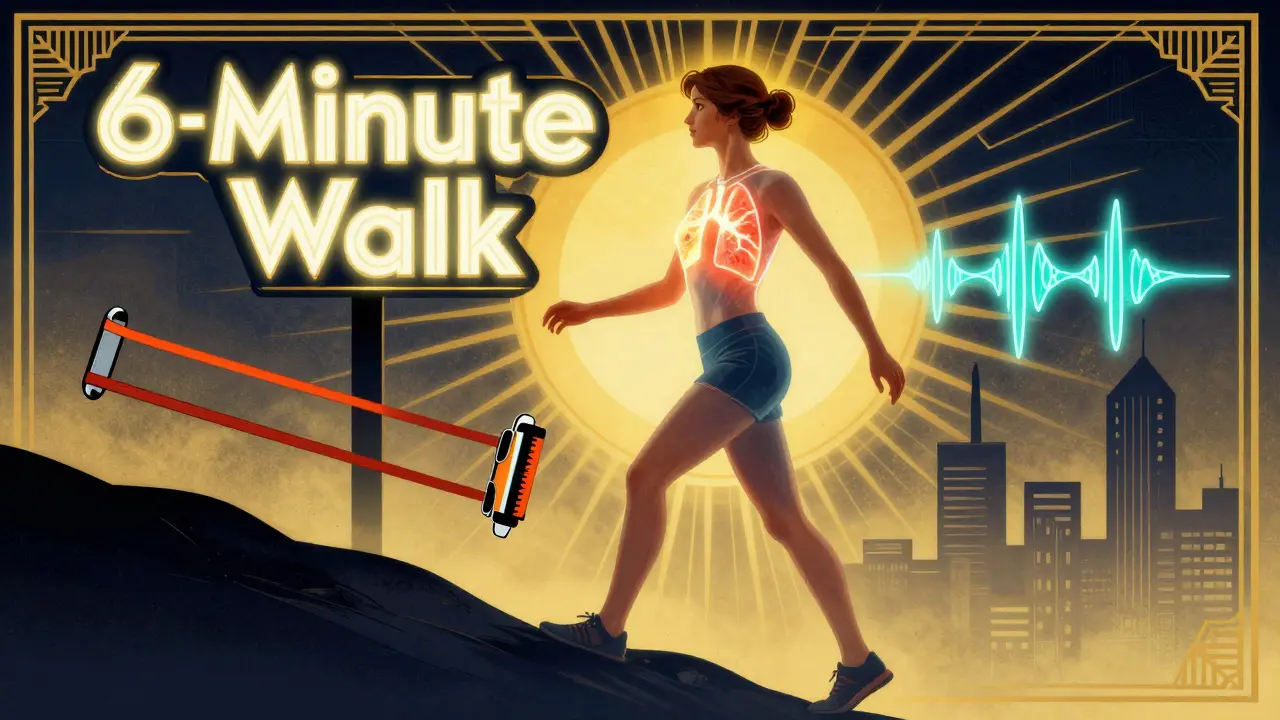 Woman walking uphill with transparent lungs showing uneven oxygen flow, surrounded by rehab symbols.