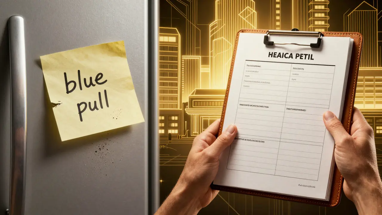 A crumbling sticky note contrasts with a pristine medical dossier under golden light, symbolizing organized health records.