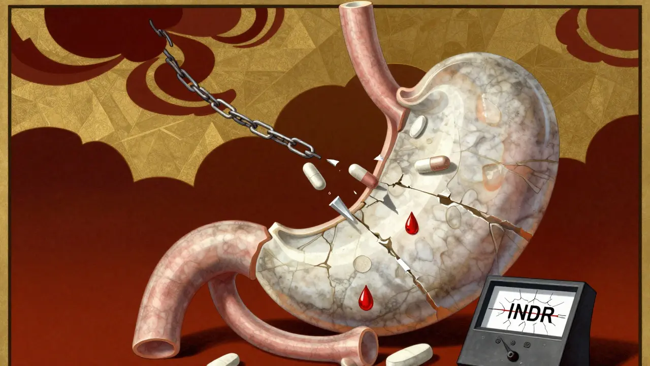 A crumbling stomach monument pierced by NSAID shards, with warfarin chains pulling clotting factors into shadow.