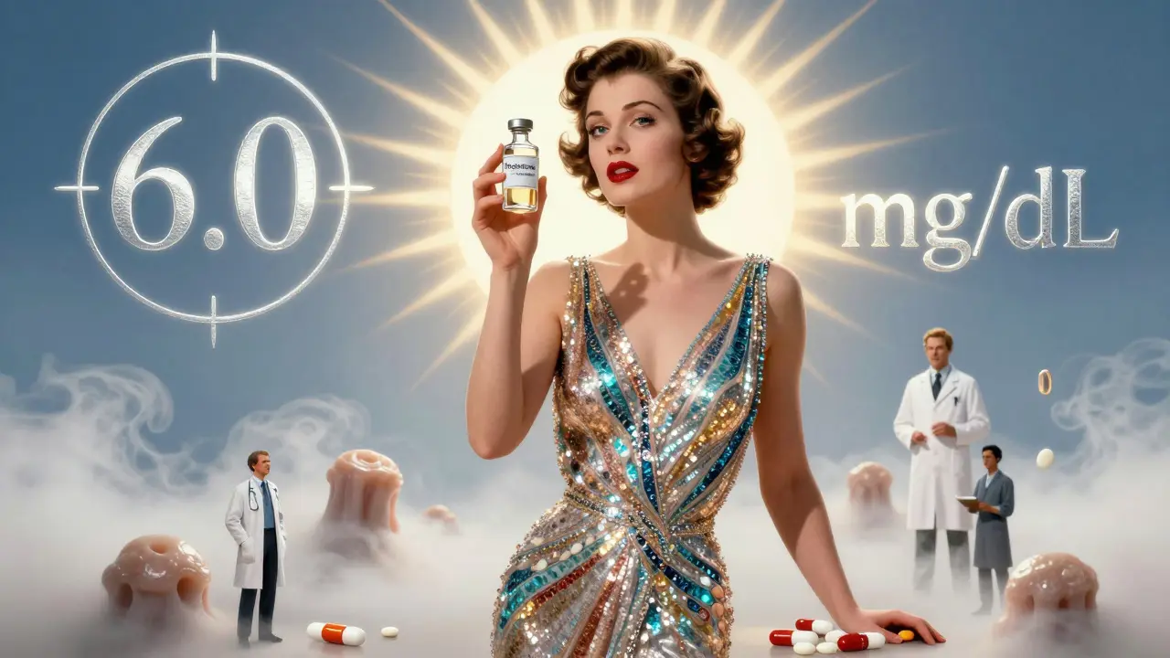 A glamorous woman holds a vial of Pegloticase as tophi dissolve behind her, with medication bottles at her feet and '6.0 mg/dL' glowing in the sky.