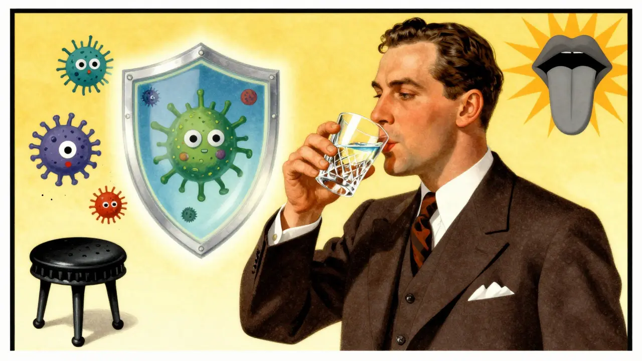 A man sips rehydration solution while bismuth shield repels bacteria, in Art Deco advertising style.